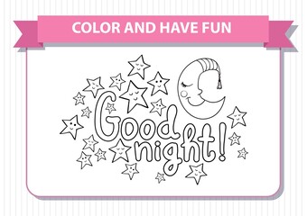 Coloring book for children. Printable a4 page. Horizontal landscape orientation. Crescent, stars, good, night