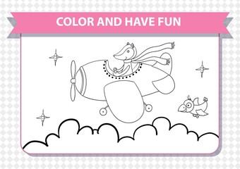 Coloring book for children. Printable a4 page. Horizontal landscape orientation. Fox, pilot in plane. Stars, cloud, good, night. Background with clouds