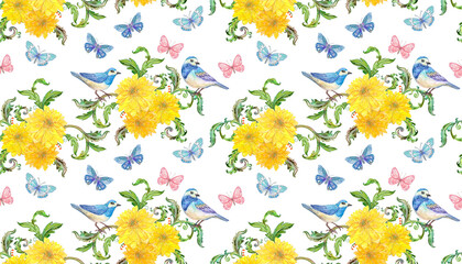 seamless texture with bouquets of yellow chrysanthemum flowers and little blue birds on white background. watercolor painting