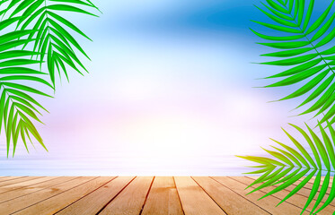 Summer empty tropical background with palms and water reflection. Empty wood table top. Neon glow. 3d illustration