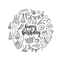set of sketched birthday doodles  and lettering quote for prints, cards, stickers, coloring pages, signs, logos, icons, invitations decor, etc. EPS 10