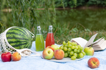 healthy summer vacation picnic with watermelon, delicious fruits and bottled refreshing drinks on blanket by lake. Summer picnic concept