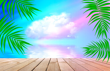 Summer empty tropical background with palms and water reflection. Empty wood table top. Neon glow. 3d illustration