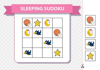 Printable sudoku game for children with pictures. Kids activity sheet. Training logic, educational game. Star, crescent, cloud. Vector