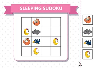 Printable sudoku game for children with pictures. Kids activity sheet. Training logic, educational game. Star, crescent, cloud. Vector