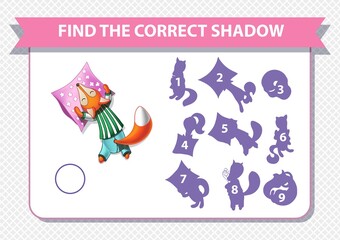 Educational worksheet for preschool kids. Find the correct shadows. Sleeping cartoon fox. Good night. Vector