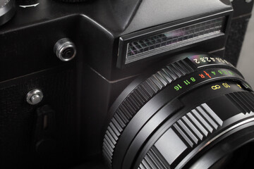 Old film SLR camera, close-up, selective focus