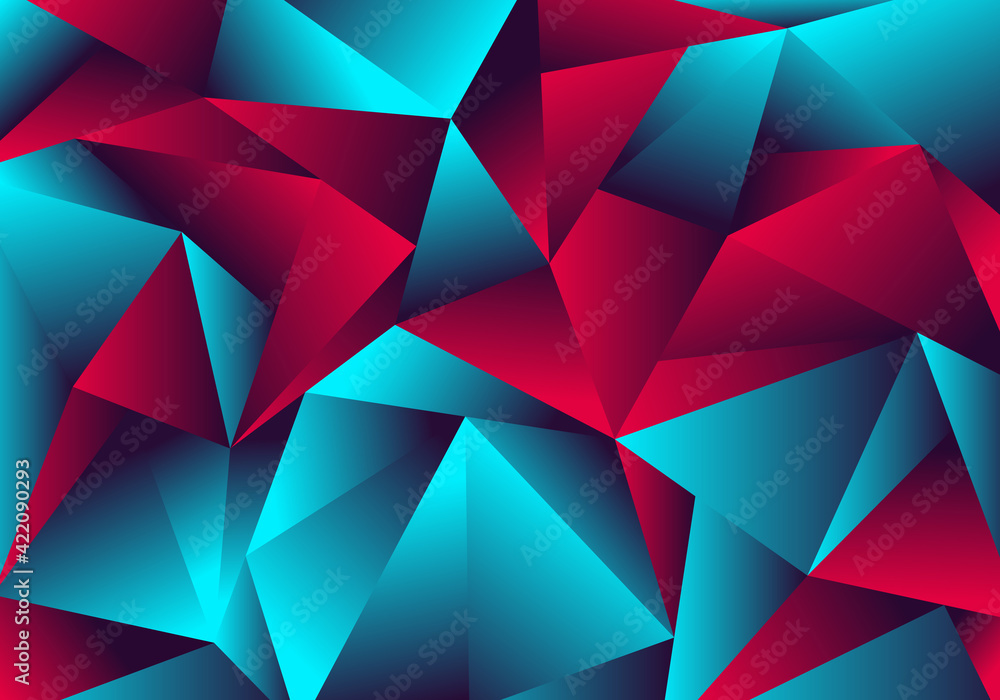 Poster Abstract low polygon red blue gradient color neon light with a reflection on triangle background texture