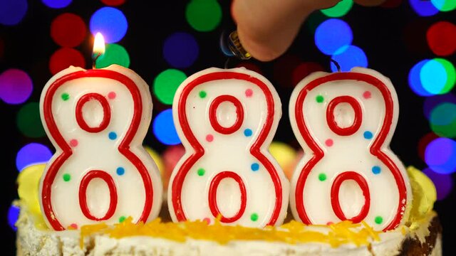 Number 888 Happy Birthday Cake With Burning Candles Topper.