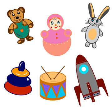 Set of creative cartoon colorful child toys icons. Child toy. Idea for decors, picture in frame, gifts, ornaments, celebrations, greeting, holidays, childhood themes.  Vector isolated artwork. 