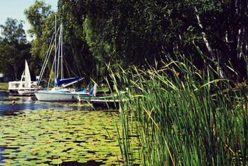 Small yacht in dreamy scenery