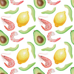 The pattern. Lemons, avocado, and shrimp. Watercolour. The images are hand-drawn and isolated on a white background.