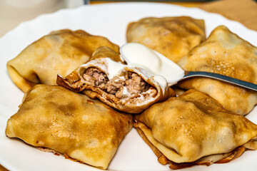 Fried pancakes with meat on white plate
