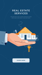 Real estate agency banner. Broker's hand giving house keys for home purchase. Deal sale, property purchase, real estate agency servise concept concept for website design. Flat vector illustration