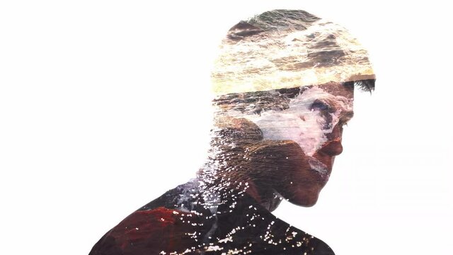 Double exposure male silhouette. Sea waves crashing against cliffs water foam animation in shape of disturbed guy looking back isolated on white copy space.