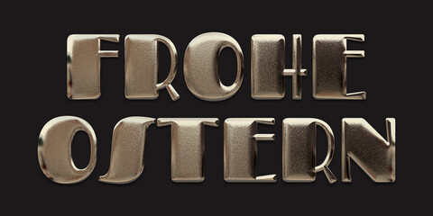 German text "Frohe Ostern", translated Happy Easter with 3D render and metallic gold texture isolated on black background