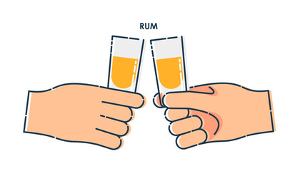 Two human hand holding a glass of rum. Line art design element on white background. Fingers person with stack with strong alcohol. Concept of time to drink alcohol. Modern graphic style illustration