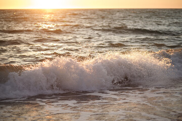 Beautiful waves on the black sea. Sunset