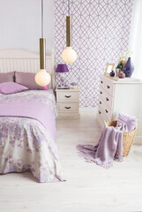 purple bedroom interior design concept and modern lamp