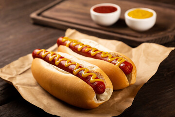 Hot dog with ketchup and yellow mustard. - obrazy, fototapety, plakaty