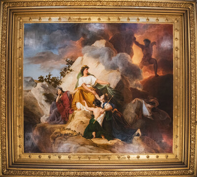 Paris, France: May 06, 2017: Cybele protects from Vesuvius the towns of Stabiae, Herculaneum, Pompeii and Resina painting(1832), by François-Édouard Pico, exposed in Louvre Museum.