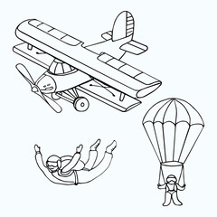 Doodle hand-drawn picture of an airplane in the sky. Skydiving vector sketch icon isolated on a white background. 
