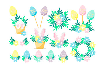 Happy easter collection with easter eggs,rabbit,simple flowers compositions and wreath.Cute holiday elements.Vector illustration.