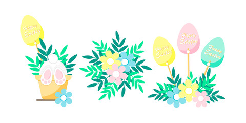 Obraz na płótnie Canvas Happy easter collection with rabbit paws in pot,pastel colorful eggs and simple flowers compositions.Cute holiday vector illustration.