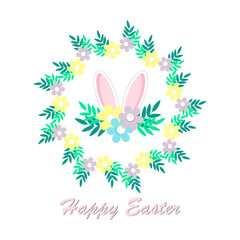 Happy easter circle wreath with simple colorful pastel flowers, leaves and rabbit ears on white background.Vector illustration.