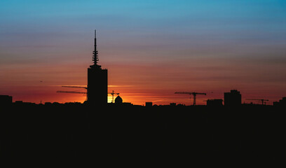 Sunset City Silhouette Skyline with Cranes Beautiful Colors Hamburg Germany