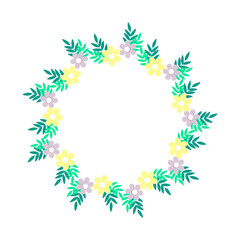 Cute circle wreath with simple colorful pastel flowers and leaves. Delicate floral frame on white background.Vector illustration.