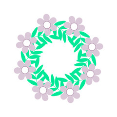 Simple violet flowers and green leaves wreath.Spring round floral composition.Vector illustration.