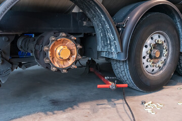 Obraz na płótnie Canvas Truck in a tire shop changing wheels.
