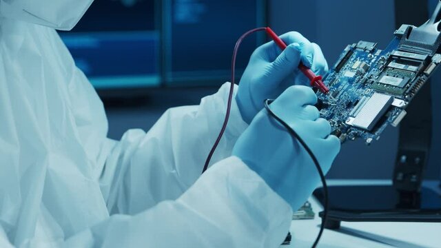 Microelectronics engineer works in a modern scientific laboratory on computing systems and microprocessors. Electronic factory worker is testing the motherboard and coding the firmware.