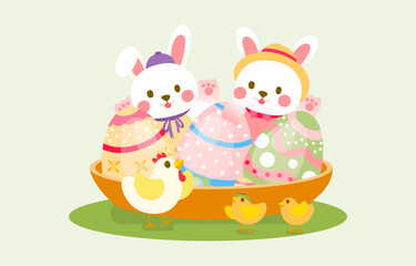 Happy Rabbits And Happy Chickens With Basket Full of Easter Egg, Vector, Illustration
