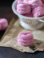 Cherry Zephyr. Traditional Russian dessert - zefir. Zefir, marshmallow made from applesauce with the addition of agar-agar. Homemade dessert.