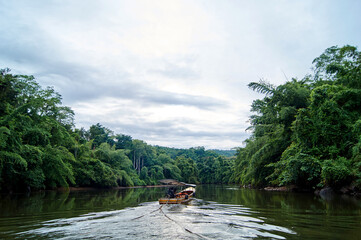 A fishing boat floats on a river in the green jungle in Thailand