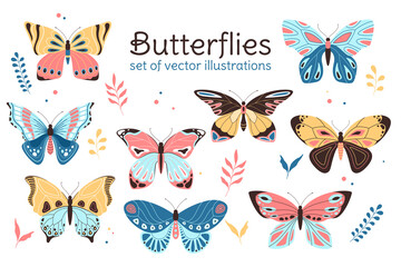 Vector set of butterly illustrations, flat decorative children style