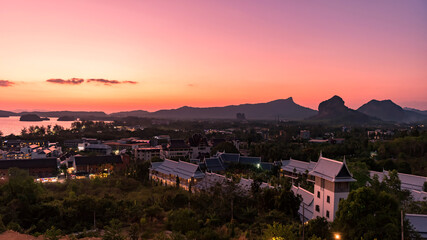 Aerial skyline view of Ao Nang at dusk, Krabi