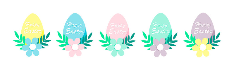 Happy easter collection with pastel colorful eggs and simple flowers and leaves.Cute holiday elements on white background.Vector illustration.