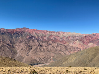 Mountain colors. Panoramic view of Rainbow Mountain. Travel and wanderlust concept 