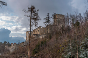 Landstejn castle in winter snowy evening with nobody because virus