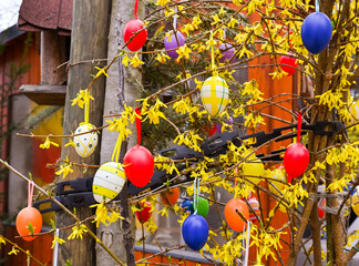 Easter tree decorated with colorful Easter eggs