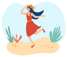 Happy young woman walking on the beach. Lady in a summer dress hold her hat. Happy smiling woman goes at outdoor on summer sunny weather. Seaside holiday look, walking pose. Cartoon Flat Illustration