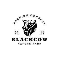 The Black Cow logo. Vector illustration on white background. Classic logo combination featuring a cow and leaf. Premium vintage and iconic farm logo design