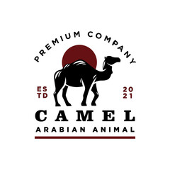 Black Camel with red sun or moon logo. Vector illustration on white background. Classic and vintage design character