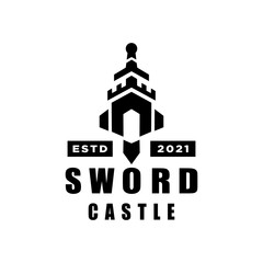 Sword and Castle Logo Combination. Vector illustration emblem design on white background. Modern, clean and strong design.