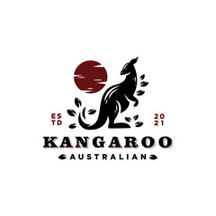Australian Kangaroo Logo. Vector illustration on white background. Vintage design combination featuring a kangaroo, leaves, and sun.