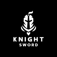 Knight Sword Logo. Vector illustration on black background. Creative logo  combination sword and knight's head. Modern and classic logo combination using negative space style.