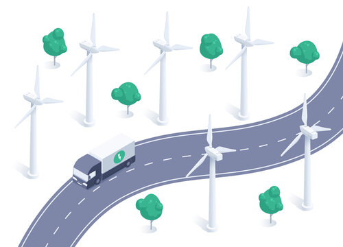 Isometric Vector Illustration Isolated On White Background, Wind Generators And The Road On Which The Electric Truck Is Driving, Environmentally Friendly Wind Energy